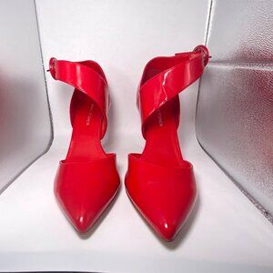 Red Patent Pointed Toe D'Orsay Heels Swooping Asymmetrical Ankle Strap Holiday